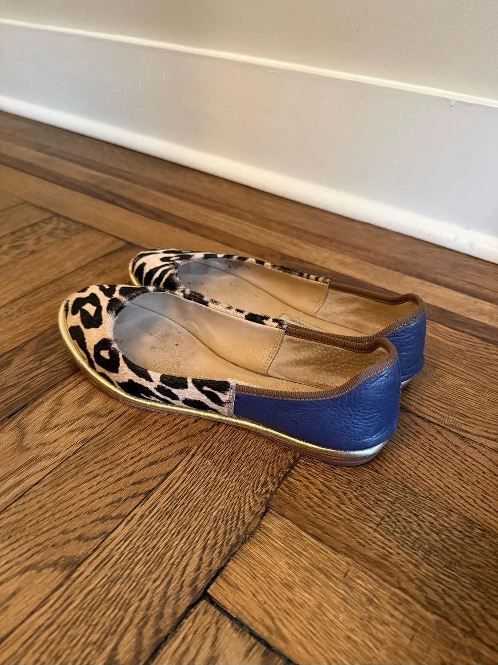 DVF Leopard Print Women's Ballet Flats with Navy Leather Heel + Gold Trim